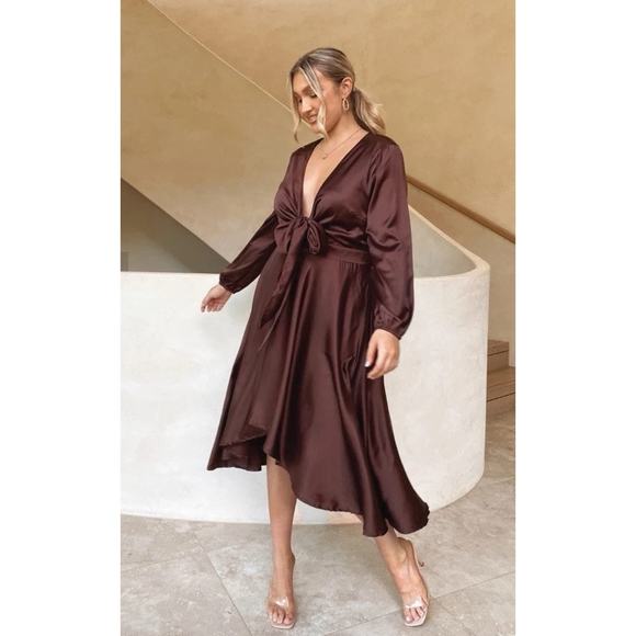 Billy J Dresses & Skirts - Billy j Sunny Daze Dress In Chocolate Satin Midi Long Sleeve Size 10 SN Ruffle